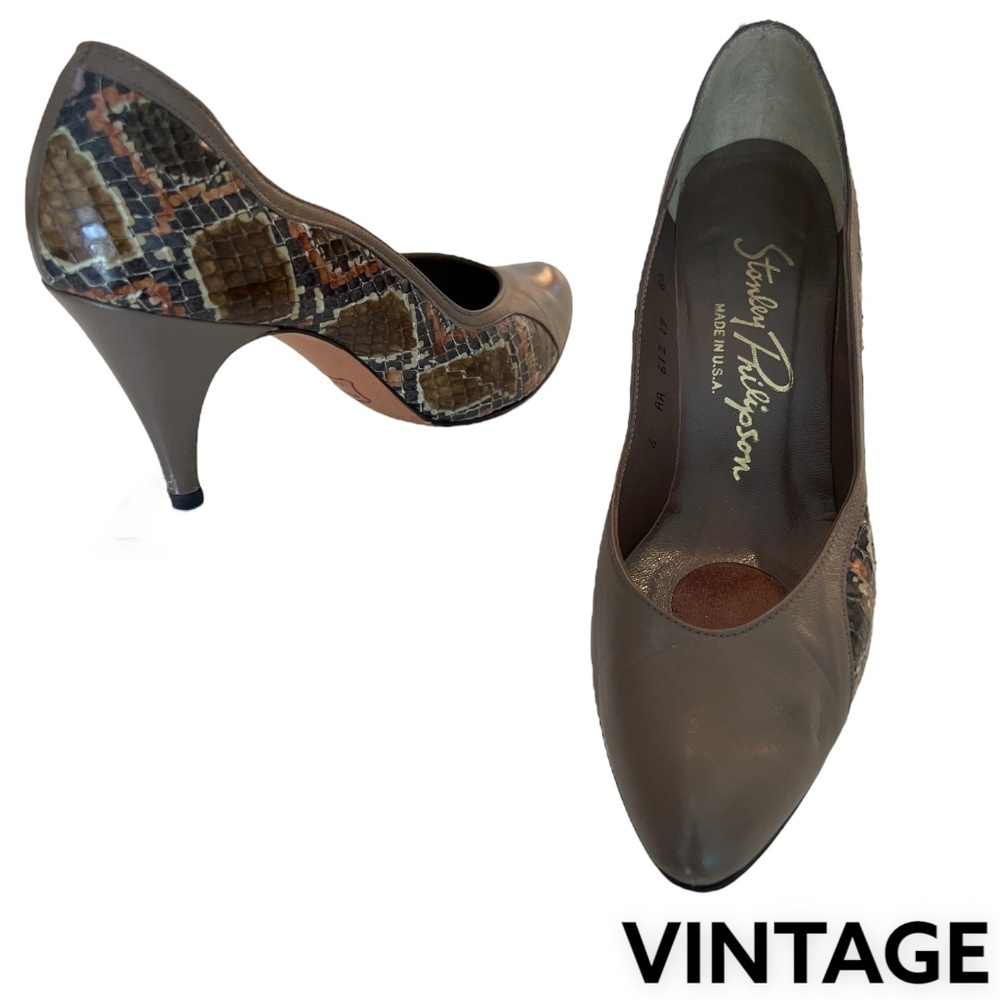 STANLEY PHILIPSON Heels Pumps Leather Snakeskin Taupe WavySide Detail 6AAVintage
